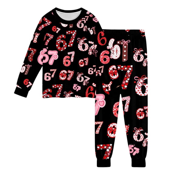WOYY Toddler Girls Pajamas 67 Print Cozy Long Sleeve Top Pants Loungewear Set, Sizes 2-3T