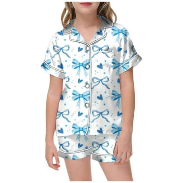 WOYY Toddler Girls Pajamas Bow Print Short Sleeved Button Top Shorts Sleepwear, Size 2-13