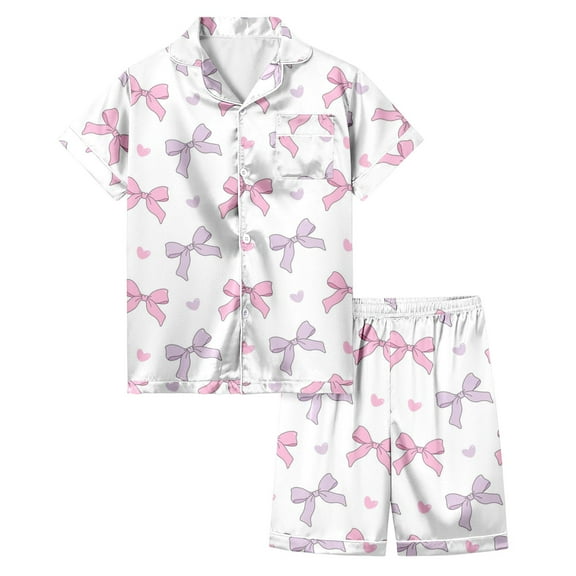 WOYY Toddler Girls Pajamas Bow Prints Short Sleeves Shirt & Shorts Homewear, Sizes 3-13