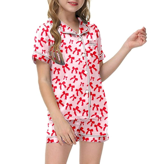 WOYY Toddler Girls Pajamas Bowknot Print Short Sleeve Button Shirt Shorts Sleepwear Outfit