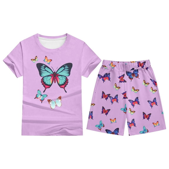 WOYY Toddler Girls Pajamas Butterfly Print Short Sleeve Tshirt Shorts Homewear, Sizes 3-4T
