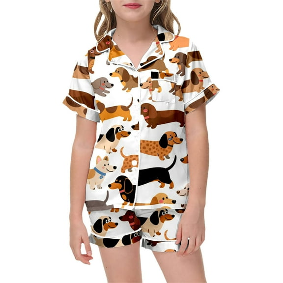 WOYY Toddler Girls Pajamas Cartoon Dog Print Short Sleeves Top Shorts Homewear, Sizes 1-13