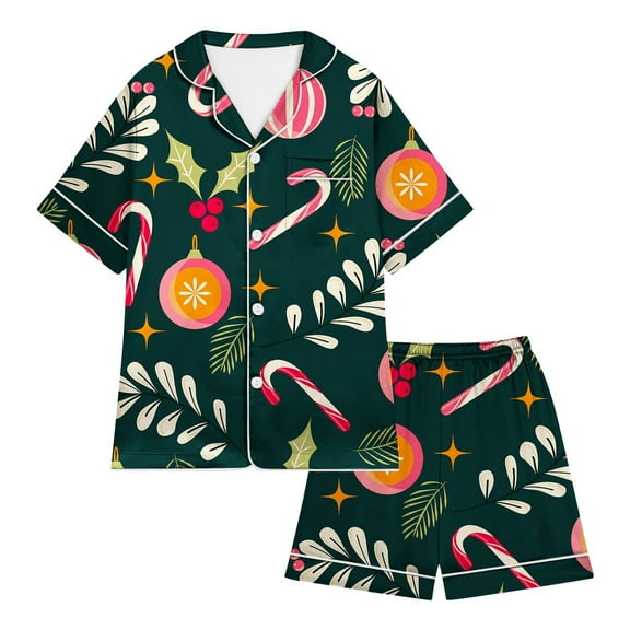 WOYY Toddler Girls Pajamas Christmas Satin Short Sleeves Shirt Shorts Sleepwear Pjs Set