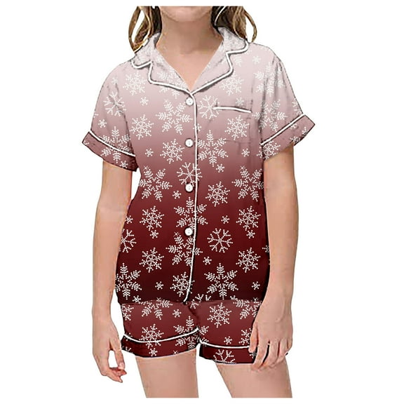 WOYY Toddler Girls Pajamas Christmas Short Sleeved Button Shirt Shorts Sleepwear Pj's Sets