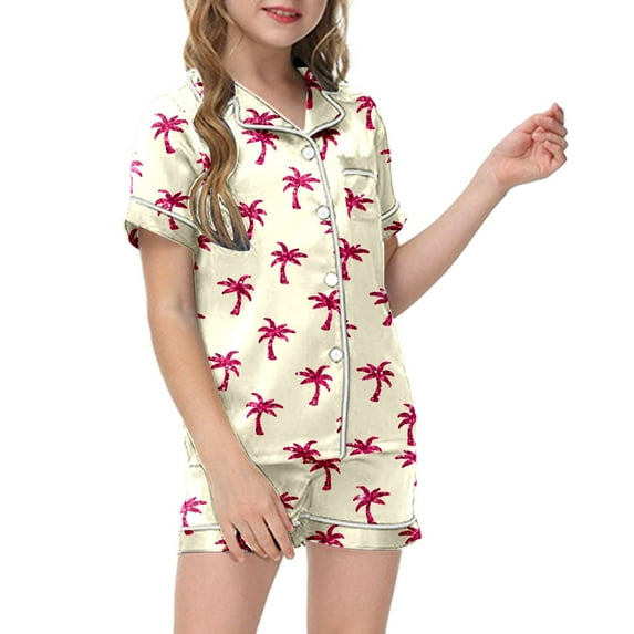 WOYY Toddler Girls Pajamas Coconut Tree Print Short Sleeve Top & Shorts Homewear Set Pjs