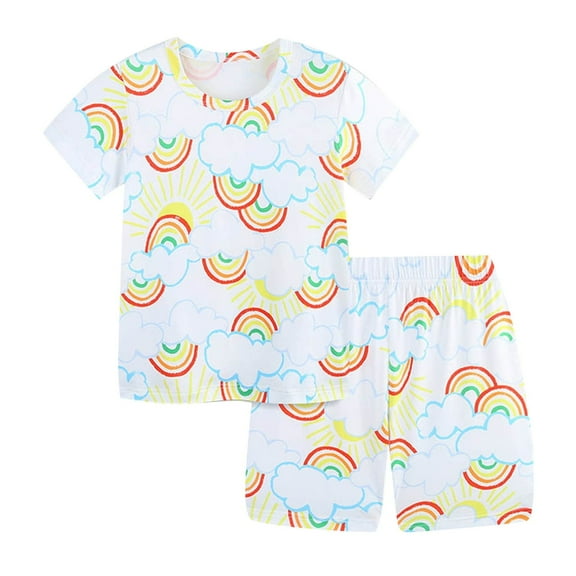 WOYY Toddler Girls Pajamas Rainbow Print Short Sleeve Top & Shorts Sleepwear Homewear