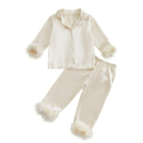 WOYY Toddler Girls Pajamas Set Silk Satin Long Sleeve Shirt Trousers Sleepwear Homewear