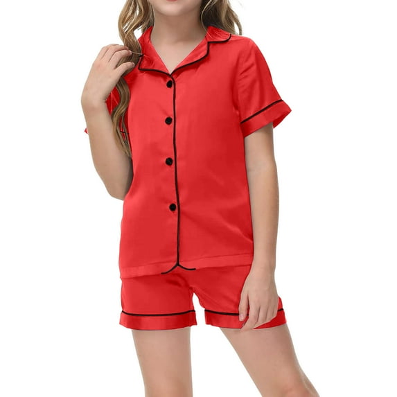 WOYY Toddler Girls Pajamas Sleepwear Outfits Solid Button-Down Short Sleeve Top Shorts Homewear Loungewear, Sizes 2-3Y
