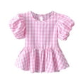 thumbnail image 1 of WOYY Toddler Girls Plaid T-Shirt Cotton Short Puff Sleeve Summer Shirt for Children, 1 of 4