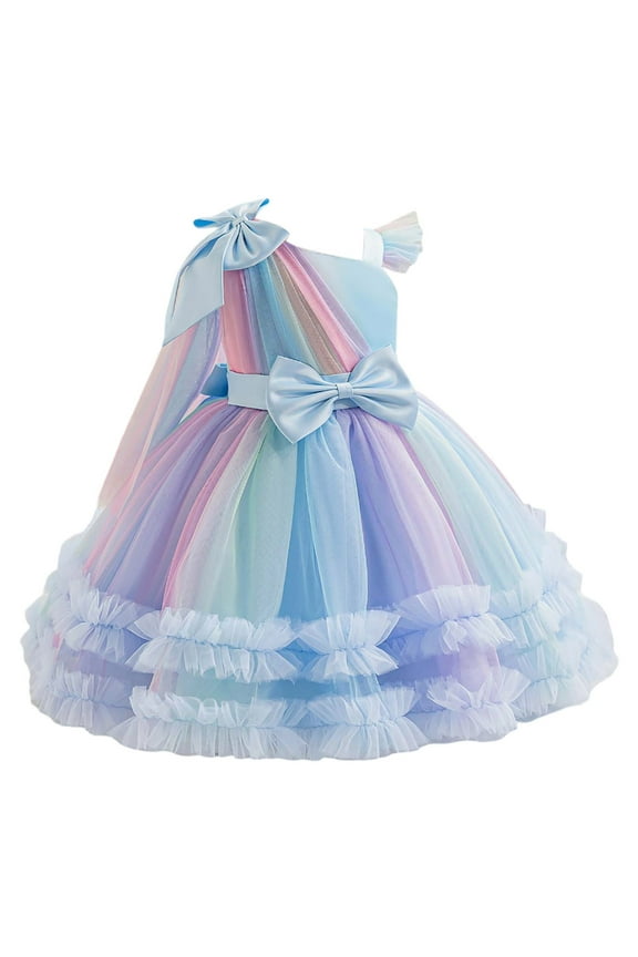 Toddler Girls Rainbow Tutu Dress Bow Birthday Princess Pageant Gown, Sizes 3-4