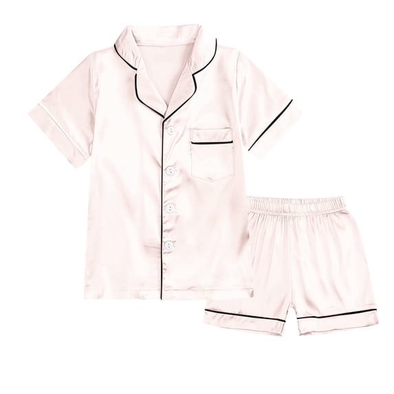 WOYY Toddler Girls Satin Silk Pajama Set Unisex Short Sleeve Button Down Shirt Shorts PJs