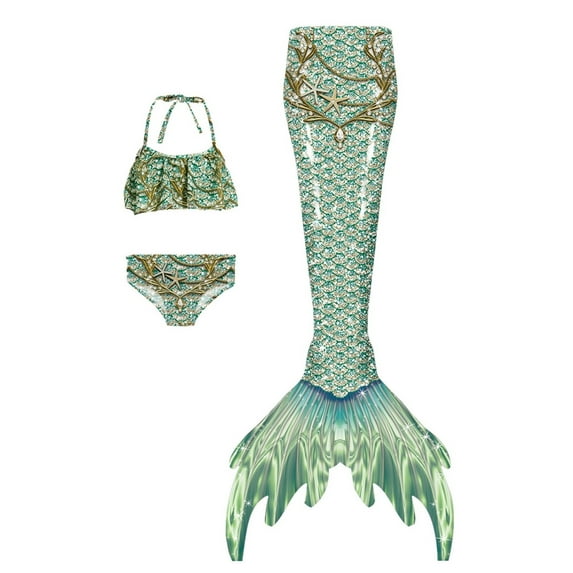 WOYY Toddler Girls Scale Print Rullfe Bikini Set with Fish Tail Swimwear 3Pcs Bathing Suit