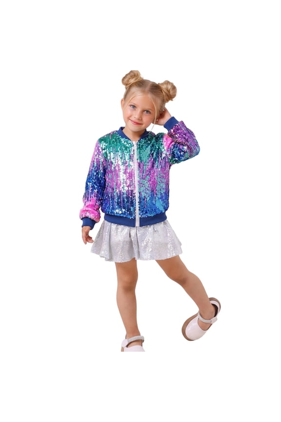 Toddler Girls Sequin Sparkly Jacket Glitter Fashion Gradient Bomber Jacket, Sizes 4-5T