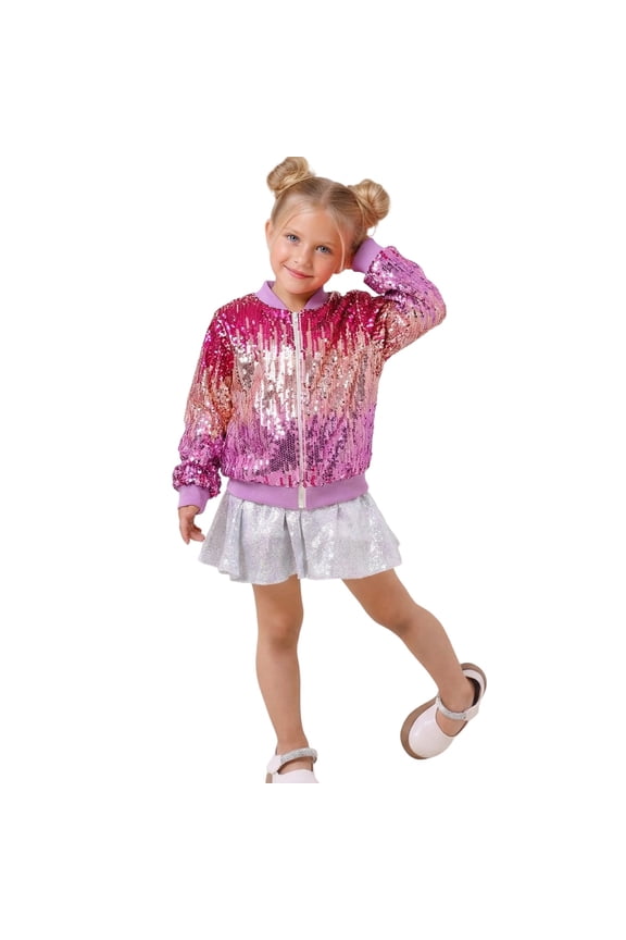 Toddler Girls Sequin Sparkly Jacket Glitter Fashion Gradient Bomber Jacket, Sizes 4-5T