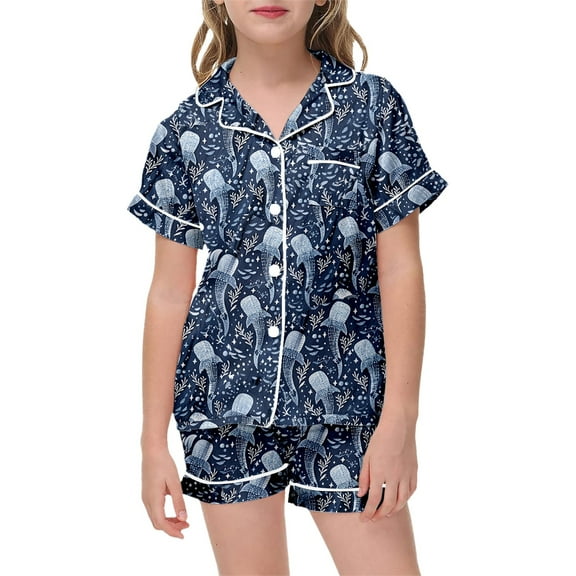 WOYY Toddler Girls Shark Print Short Sleeve Button Top Shorts Pajamas Set, Sizes 1-13