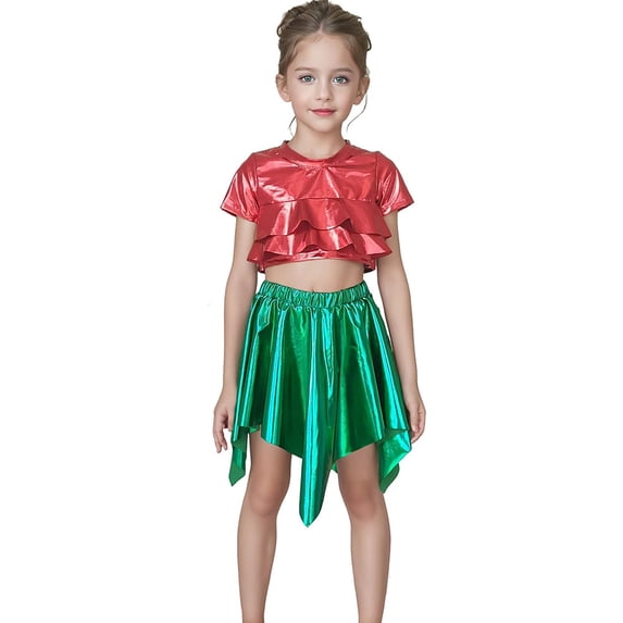 WOYY Toddler Girls Shiny Short Sleeve Tee Metallic Crop Top for Stage Dance Party, Sizes 3-12