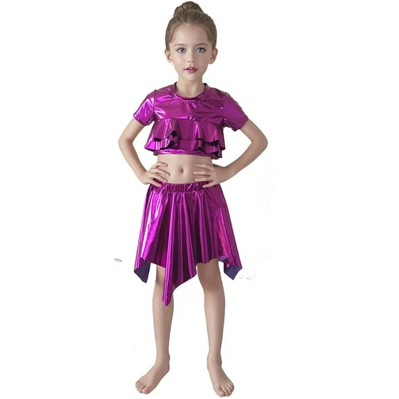 WOYY Toddler Girls Shiny Short Sleeve Tee Metallic Crop Top for Stage Dance Party, Sizes 3-12
