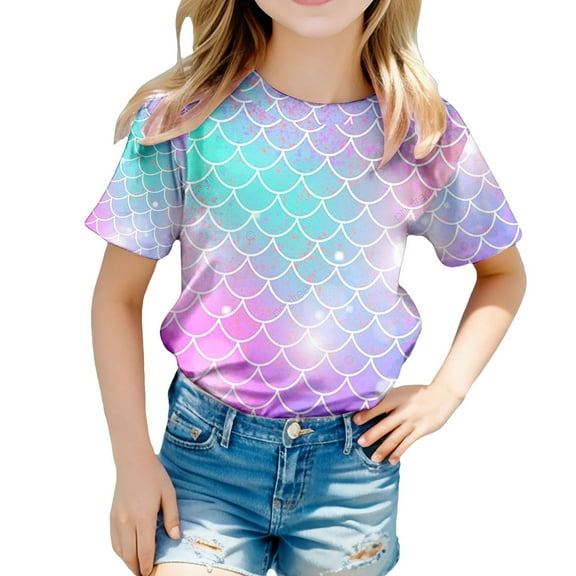 WOYY Toddler Girls Short Sleeve Crew Neck T-Shirt Scale Print Summer T Shirt, Sizes 3-13