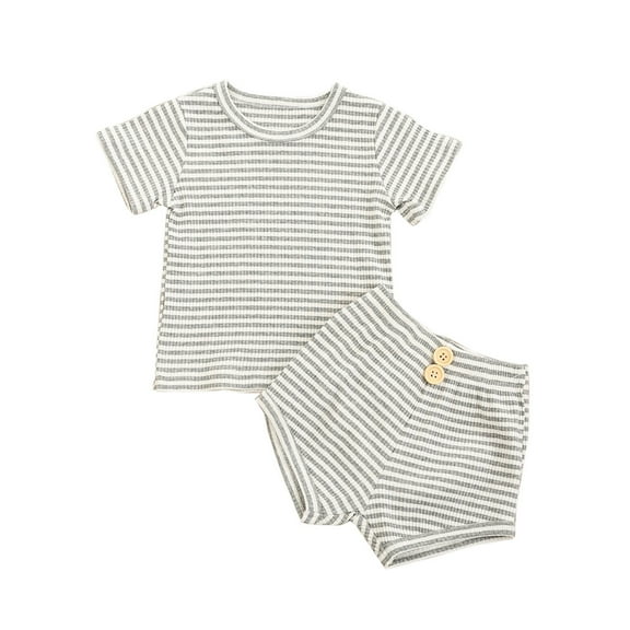 WOYY Toddler Girls Shorts Sets Striped Ribbed Short Sleeve T Shirt Shorts Set 2-Piece Outfits