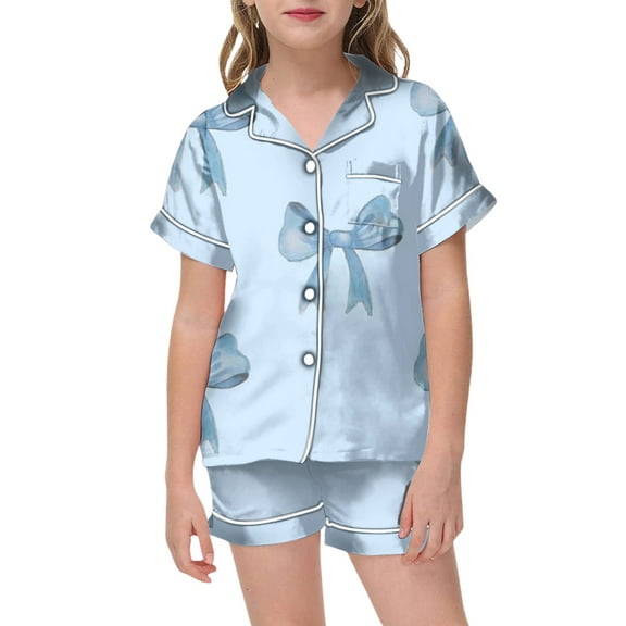 WOYY Toddler Girls Silk Pajamas Bow Printed Short Sleeve Top Shorts 2Pcs Sleepwear Set