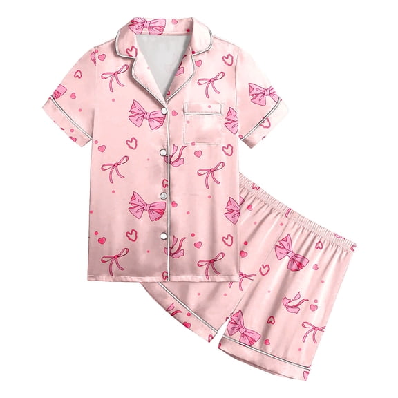 WOYY Toddler Girls Silk Satin Pajamas Cute Bow Short Sleeve Top Shorts Pjs, Sizes 3-4T