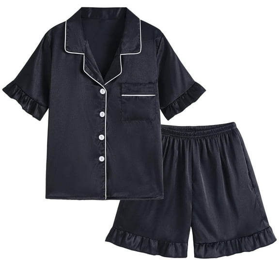 WOYY Toddler Girls Silk Satin Pajamas Solid Short Sleeve Shirt Shorts Sleepwear, Sizes 3-14