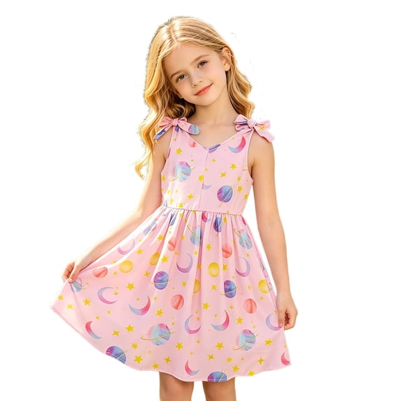 WOYY Toddler Girls Sleeveless Bow-Tie Straps Dress Casual Beach Sundress A Line Midi Dress