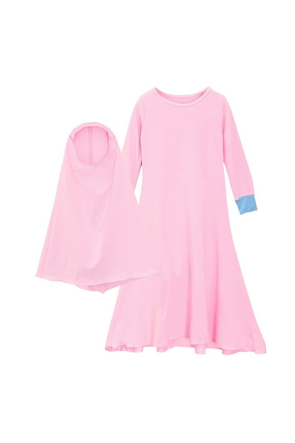 Toddler Girls Solid Color Abaya with Hijab Full Length Robe Maxi Dress, Sizes 3-4T
