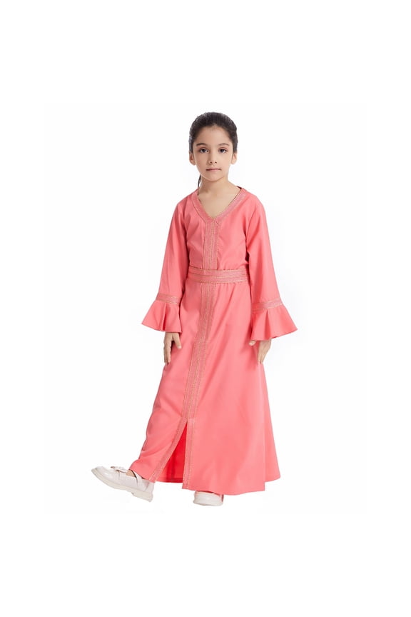 Toddler Girls Solid Color Long Sleeve Kaftan Abaya Maxi Dress Prayer Robe, Sizes 4-5T