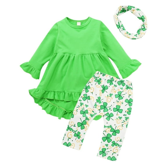 WOYY Toddler Girls St. Patrick's Day Outfits Cotton Ruffle Long Sleeve Dress Pants Headband 3Pcs Set Fashion Kids Clothes, Sizes 3-4