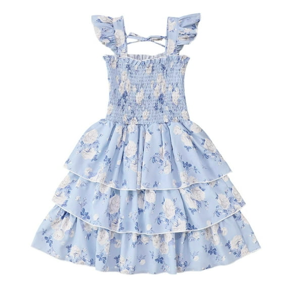 WOYY Toddler Girls Summer Floral Dress Sleeveless Ruffle Smocked Tiered Dress