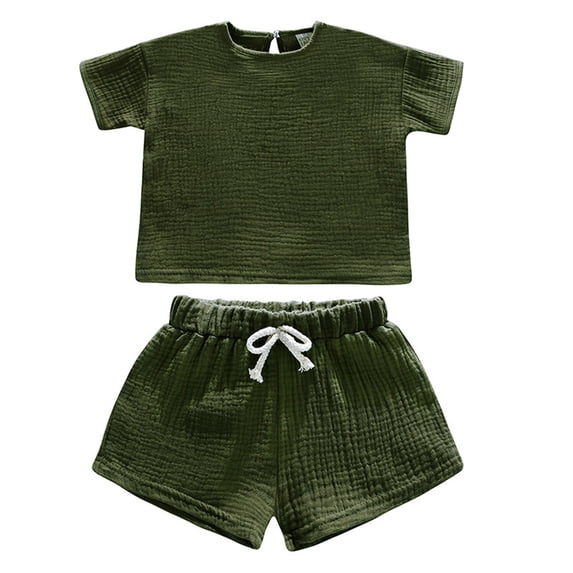 WOYY Toddler Girls Summer Linen Outfits Solid Short Sleeve T Shirt with Shorts Set Kids Clothing Sets, Sizes 4-5