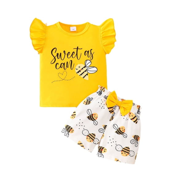 WOYY Toddler Girls Summer Outfits Casual Cartoon Bee Print Ruffle Sleeve T Shirt Shorts Set