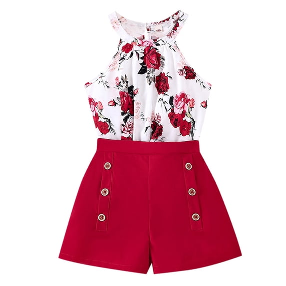 WOYY Toddler Girls Summer Outfits Floral Halter Sleeveless Top and Shorts Set, Sizes 5-14