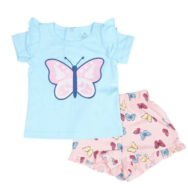 WOYY Toddler Girls Summer Outfits Ruffle Short Sleeve T Shirt Shorts Set, Sizes 3M-3T