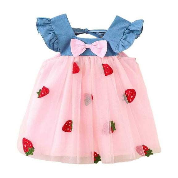 WOYY Toddler Girls Summer Strawberry Print Denim Mesh Dress with Flutter Sleeves, Sizes 3M-4T