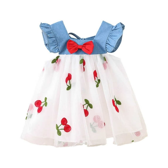 WOYY Toddler Girls Summer Strawberry Print Denim Mesh Dress with Flutter Sleeves, Sizes 3M-4T