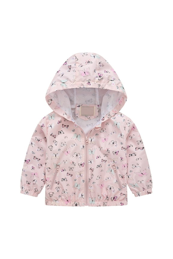 Toddler Girls Sun Protection Jacket Butterfly Prints Hooded Coat Windbreaker, Pink