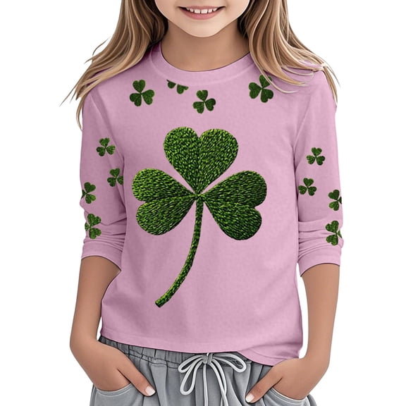 WOYY Toddler Girls T Shirt Clover Print 3/4 Sleeve Crew Neck T-Shirt Graphic Tee, Sizes 3-4T