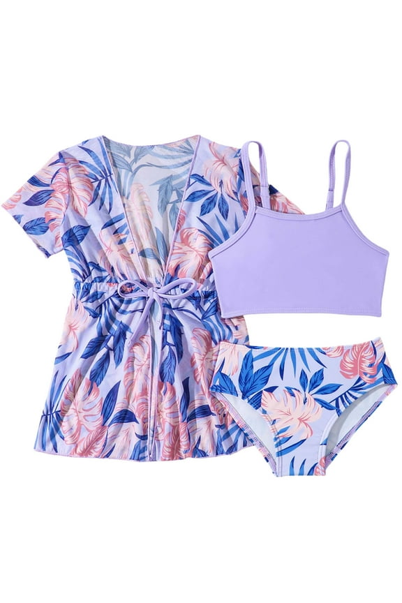 Toddler Girls Tropical Print Bikini Swimsuit with Cover Up 3-Piece Bathing Suit, Sizes 3-7