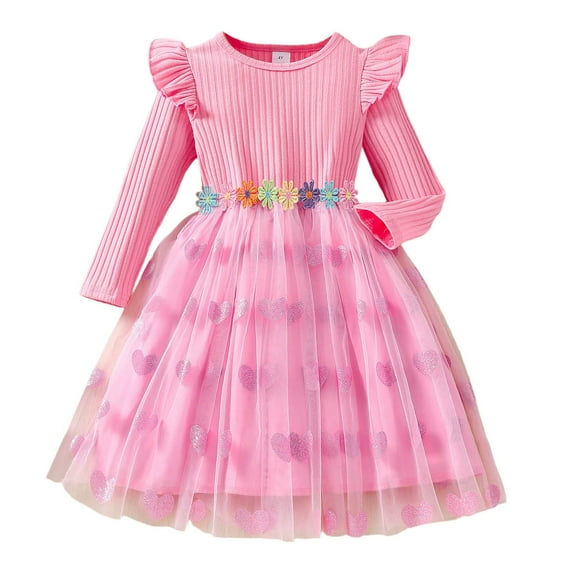 WOYY Toddler Girls Valentine's Day Dress Long Sleeve Ribbed Mesh Party Dress, Sizes 2-3