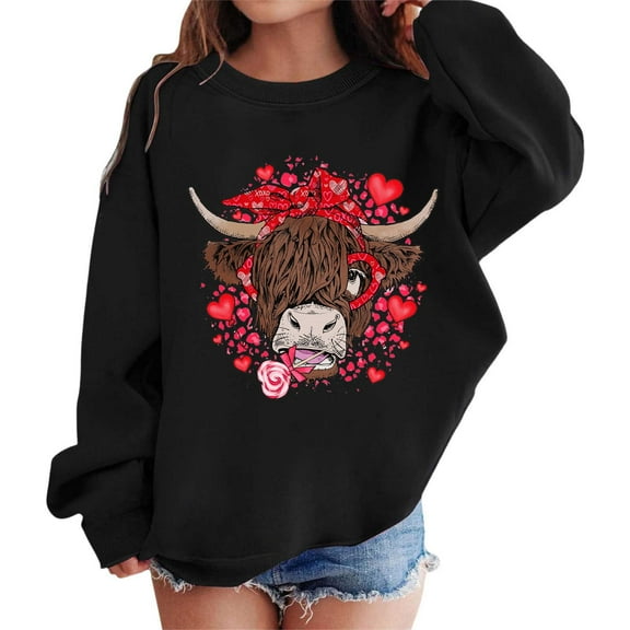 WOYY Toddler Girls Valentine's Day Sweatshirt Cow Print Crew Neck Graphic Pullover Tops