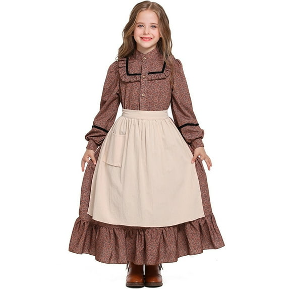 WOYY Toddler Girls Vintage Floral Prairie Dress Ruffle Long Sleeve Dress with Apron, Sizes 12-13