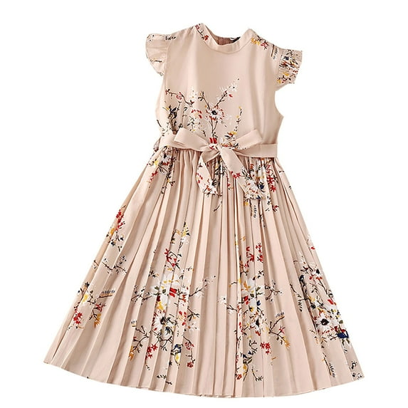 WOYY Toddler Girls Vintage Pleated Princess Dress Flower Print Belted Dress, Sizes 4-12
