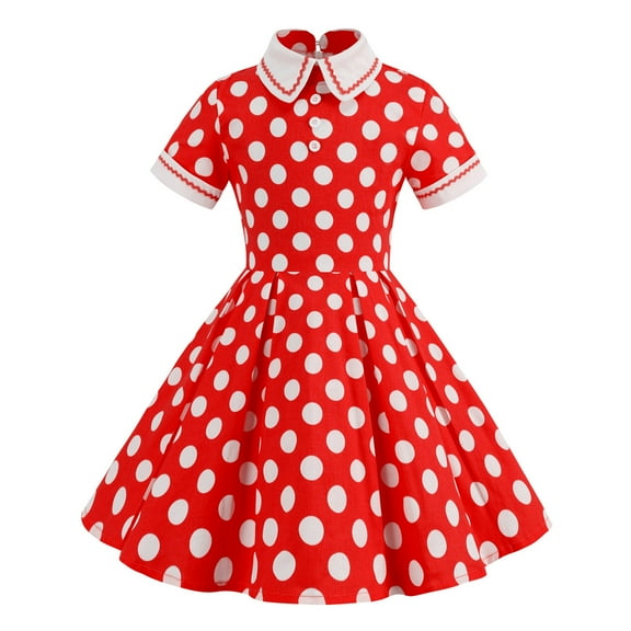 WOYY Toddler Girls Vintage Polka Dot Polo Dress Short Sleeve Button Dress, Sizes 3-12
