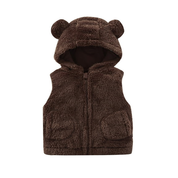 WOYY Toddler Girls Winter Vest Cute Teddy Full Zip Coat Bear Ear Hood Solid Sleeveless Jacket