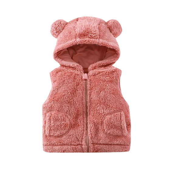WOYY Toddler Girls Winter Vest Cute Teddy Full Zip Coat Bear Ear Hood Solid Sleeveless Jacket