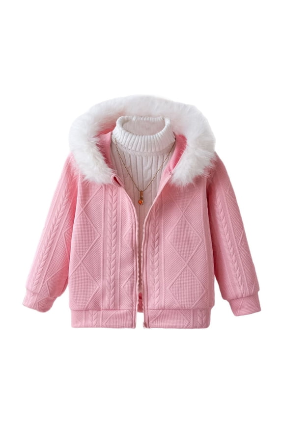 Toddler Girls Zip Up Cardigan Sweater Knit Coat with Faux Fur Trim Hood, Sizes 2-3T