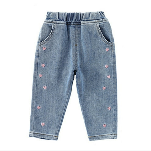 WOYY Toddlers Girl's Jeans Hearts Embroidery Stretch Denim Pants Elastic Waist Loose Trousers