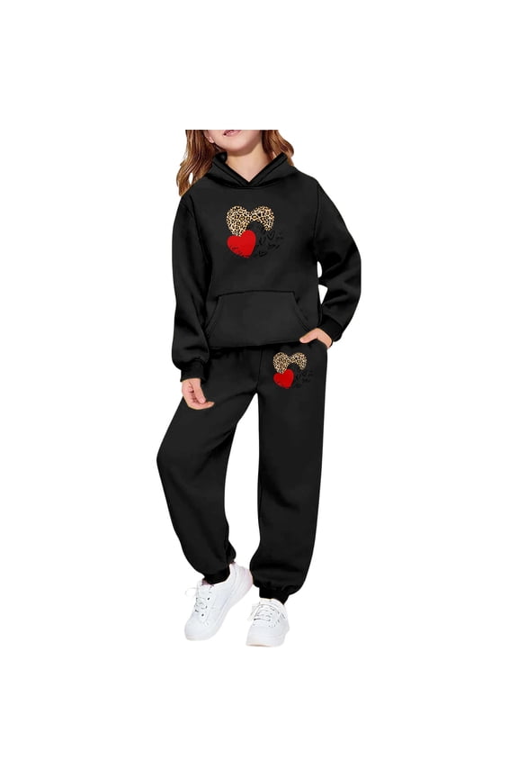 Tracksuit for Girls Leopard Heart Print Hoodie Jogger Sweatpants Set Fashion Kids Clothes, Sizes 2-13